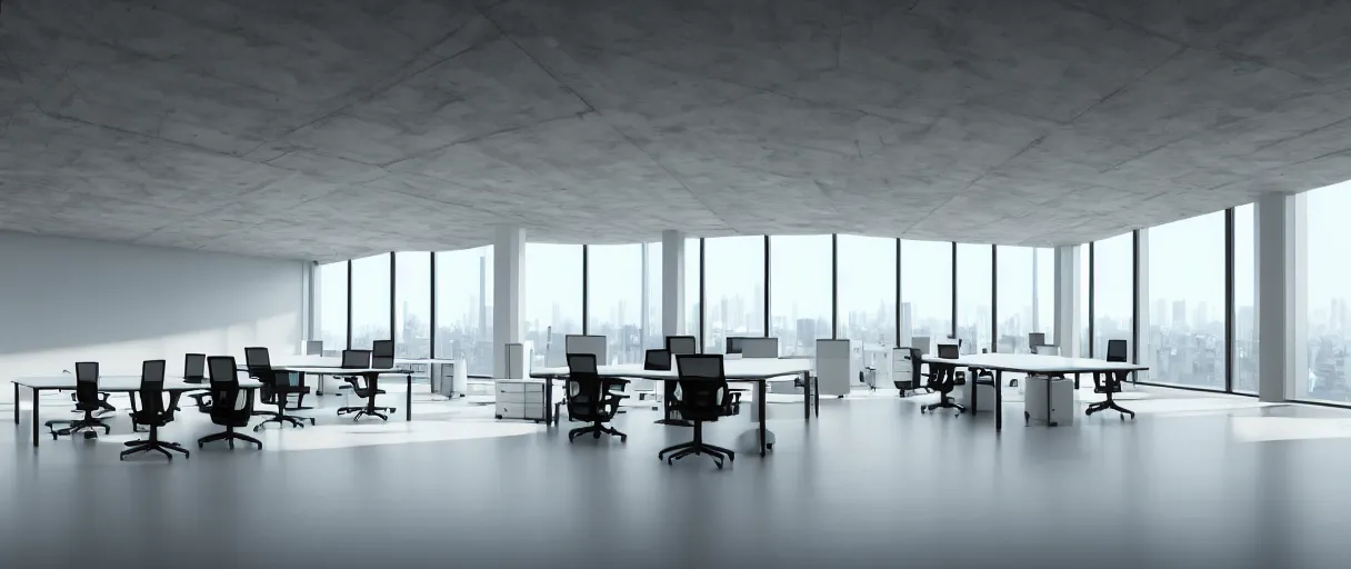 Image similar to large office, modern, well kept, bright, ethereal feel, volumetric lighting, godrays, high ceiling, table in the middle, office chair, couch, grand, curved windows around the wall, white concrete, plangs in wall, balcony outside, digital art, concept art, high detail,