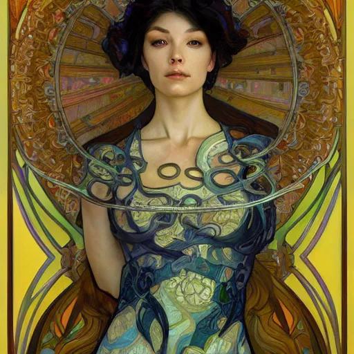 Image similar to a painting in the style of donato giancola, and in the style of ross tran, and in the style of alphonse mucha. smooth, sharp focus, semi - realism, symmetry.