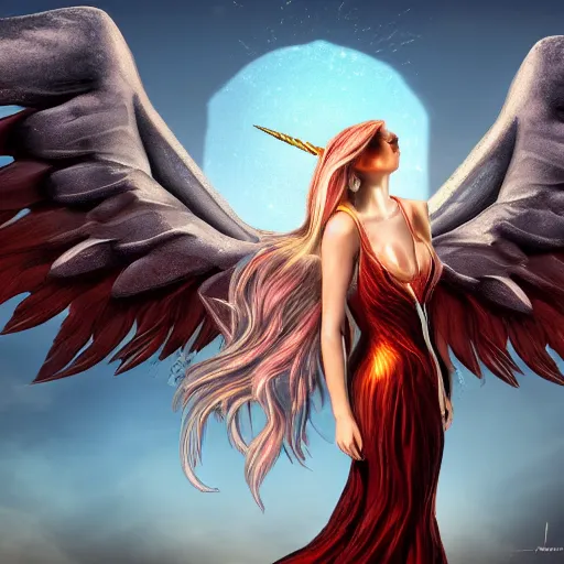 Prompt: woman - unicorn horn hybrid red angel wings, calm, fiery scenery, full body armor, sparky metallic, unreal engine 5, cinematic lights, high detail, fantasy classic digital art, botticelli style