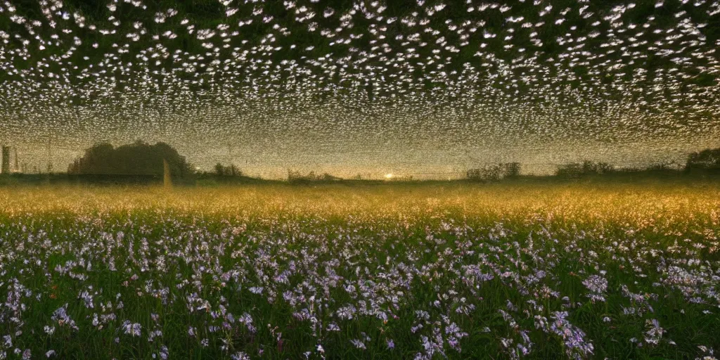 Prompt: a recursive cathedral made of mirrors within a wildflower meadow at dawn