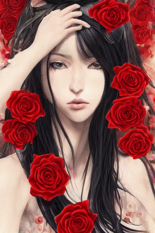 Prompt: high quality digital portrait of woman with long black hair, red eyes, red headband, golden roses in hair, anime, face, fantasy, intricate, elegant, highly detailed, digital painting, concept art, smooth, sharp focus, illustration, art by hiromu arakawa, krenz cushart, sui ishida, trending on artstation