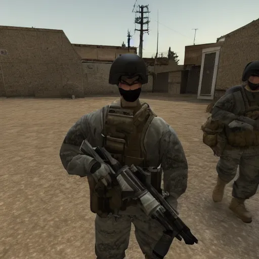 Prompt: us military forces deploying on Counter Strike 1.6 map de_dust2, cinematic, aereal wide shot, grunge, very detailed 4k