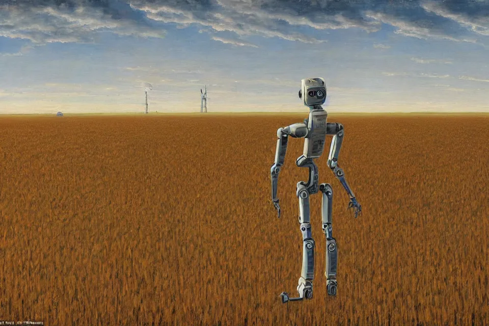 Image similar to sci-fi painting of a large alien city on the vast wheat fields, the closed back view of one humanoid robot on the ground, by Gustave Baumann, godrays, detailed