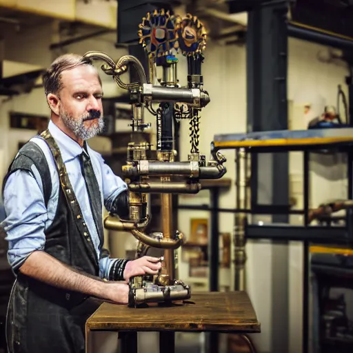 Image similar to A random pointless contraption ((steampunk)) industrial appliance pneumatic machine with no apparent purpose, being operated by a scholarly looking man with a clear directed gaze, XF IQ4, f/1.4, ISO 200, 1/160s, 8K, RAW, unedited, symmetrical balance, in-frame