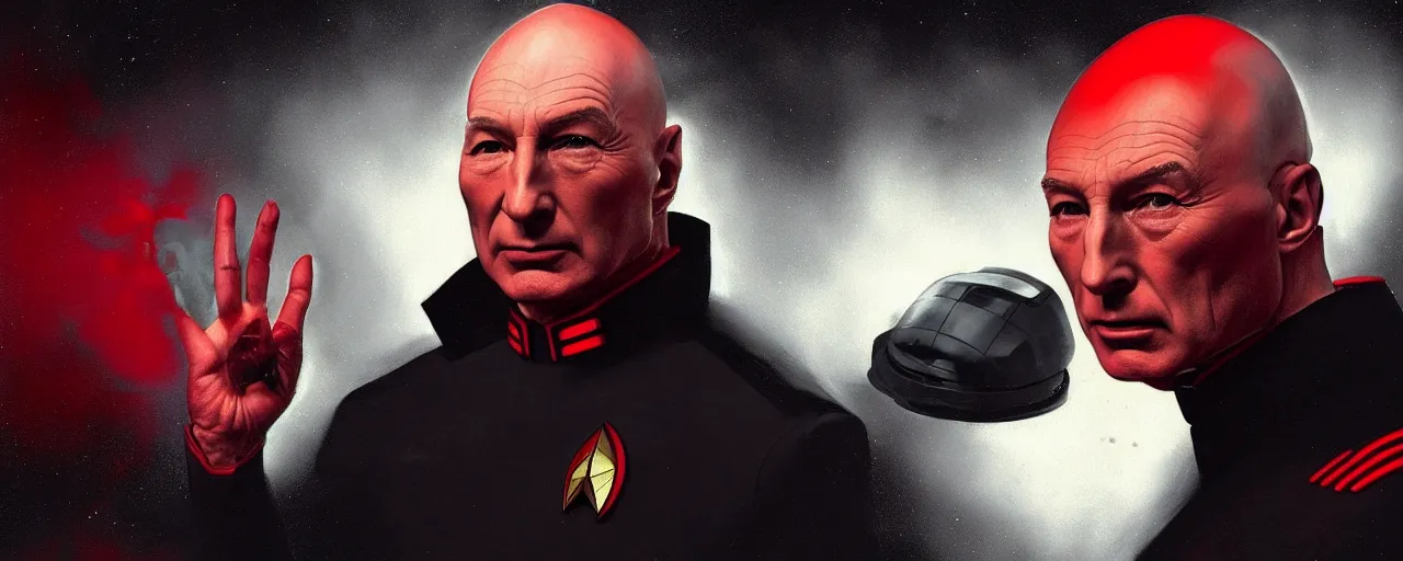 Image similar to duotone black and red concept 3 / 4 portrait of ( ( ( picard facepalm meme ) ) ) captain jean - luc picard with palm on his face inside uss enterprise. accidental renaissance. concept by stanley kubrick. sergey kolesov and ruan jia and heng z. graffiti art, scifi, fantasy, hyper detailed. octane render. trending on artstation