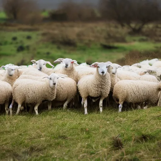 Prompt: a 4k photo of sheep herd looking closely to the lens