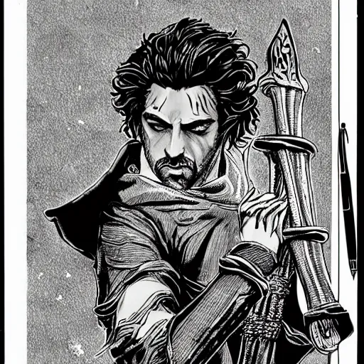 Prompt: pen and ink!!!! attractive 22 year old deus ex Frank Zappa x Ryan Gosling golden!!!! Vagabond!!!! floating magic swordsman!!!! glides through a beautiful battlefield magic the gathering dramatic esoteric!!!!!! pen and ink!!!!! illustrated in high detail!!!!!!!! by Hiroya Oku!!!!!!!!! Written by Wes Anderson graphic novel!!!!!!! published on Cartoon Network MTG!!! 2049 award winning!!!! full body portrait!!!!! action exposition manga panel