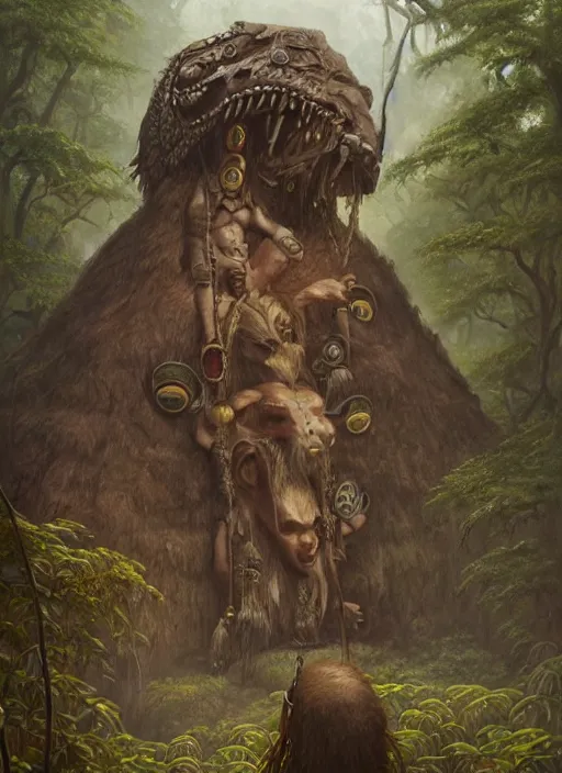 Image similar to a shaman sitting in the jungle, with faces of ancestors in the sky wearing tribal masks looking at him, hyper detailed, art by christophe vacher