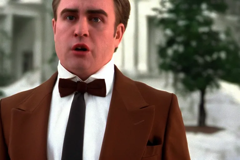 Prompt: cinematic still of chubby clean-shaven white man wearing chocolate brown suit and necktie in Casper (1995), XF IQ4, f/1.4, ISO 200, 1/160s, 8K, RAW, dramatic lighting, symmetrical balance, in-frame