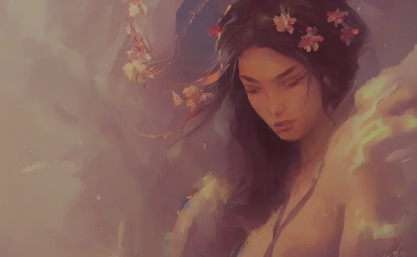 Image similar to a painting of jasmine trending on artstation in the style of greg rutkowski, beautiful, sensual, flower, portrait, adorable, alter