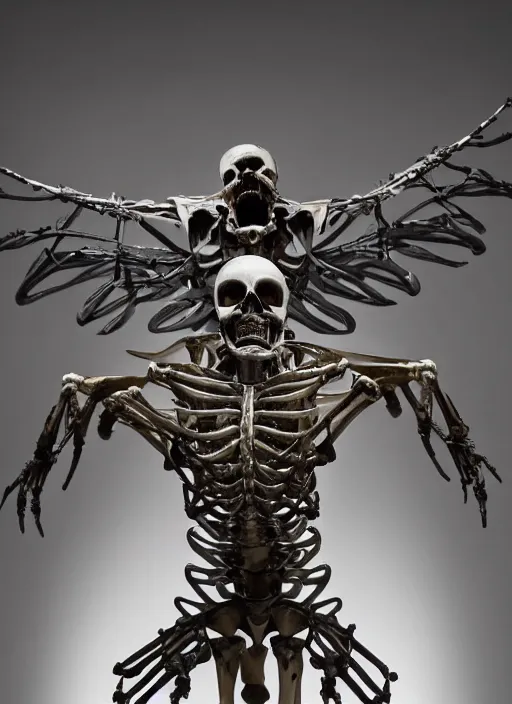 Image similar to the epic view of a human skeleton flying in a vulture skeleton sculpture in stainless steel by bernini, volummetric light