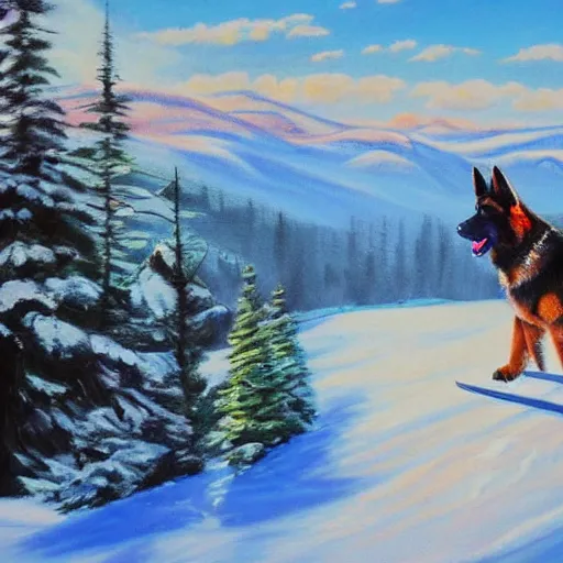 Prompt: german shepard dog skiing down edith cavel mountain, mountain, in the oil painting style, high definition, bright colours,