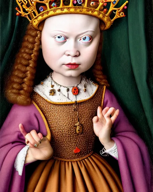 Image similar to closeup medieval jan van eyck face portrait of tin toy greta thunberg as a fairytale princess wearing a crown eating cakes in the castle, bikini, hyper realistic, artstation, illustration, nicoletta ceccoli, mark ryden, lostfish, max fleischer, digital paint, matte paint, vivid colors, bright, cheerful, detailed and intricate environment