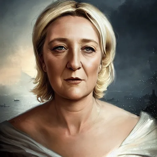 Image similar to Portrait of Marine le Pen , french revolution, amazing splashscreen artwork, splash art, head slightly tilted, natural light, elegant, intricate, fantasy, atmospheric lighting, cinematic, matte painting, detailed face, by Greg rutkowski