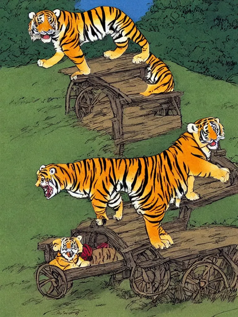 Prompt: blond boy and pet stuffed tiger riding a wagon down a steep hill, artwork by bill watterson