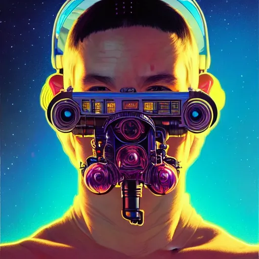 Image similar to high quality high detail portrait of a diesel punk in an alien world,, tristan eaton, victo ngai, artgerm, rhads, ross draws, hyperrealism, intricate detailed, alphonse mucha, 8 k, sci - fi, pastel colors, artstation,