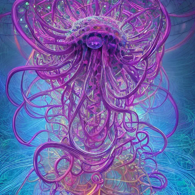 Prompt: sacred geometry jellyfish with neon fractal tentacles, fractal crystals, very intricate, hyper realistic, octane render, very colorful, vibrant, cinematic, amazing details, by james jean, by brian froud, by ross tran, by alphonse mucha