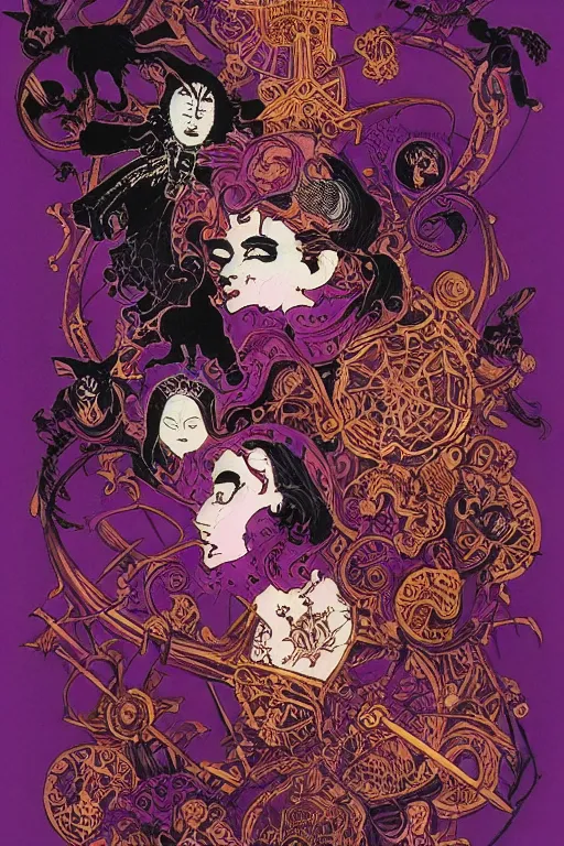 Image similar to dark magenta and purple ink with intricate designs, tarot card, a halloween scarecrow, full of golden layers, black cats, cobwebs, spiders, swirles, curves, wave, by louise nevelson and hokusai and jean giraud and mike mignola and john howe, trending on artstation, elaborate illustration, incredible depth