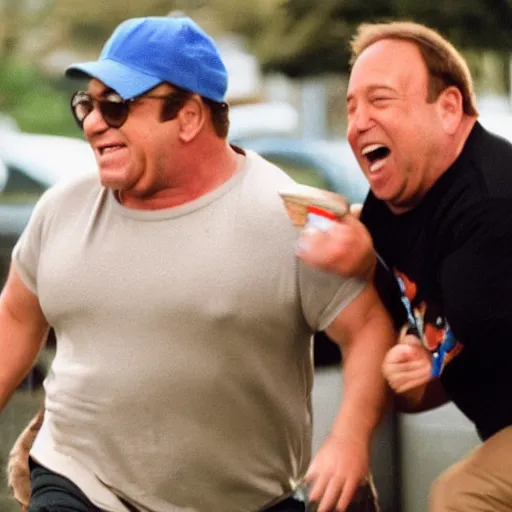 Image similar to realistic action photo of an Angry Alex Jones, running after small giggling Danny DeVito carrying an ice cream