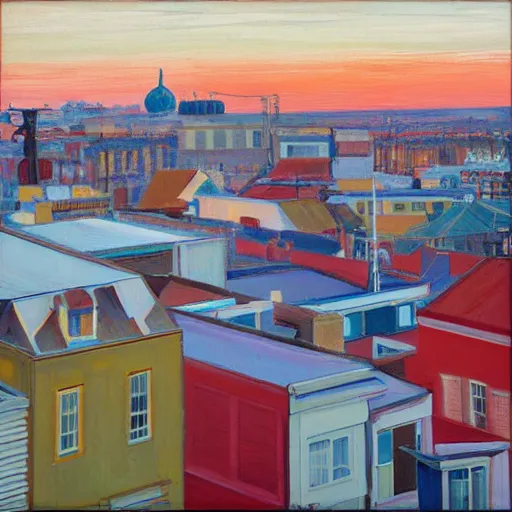 Prompt: Brighton roof tops looking west, evening light, painted by Wayne Thiebaud