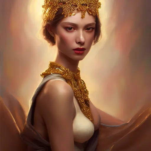 Prompt: expressive oil painting, of alluring european princess, seductive look, smooth glowing skin, glistening body, love, adoration, ornate headpiece made from beads, glamour shot, by yoshitaka amano, by greg rutkowski, by jeremyg lipkinng, by artgerm, digital art, octane render, white dress, rear