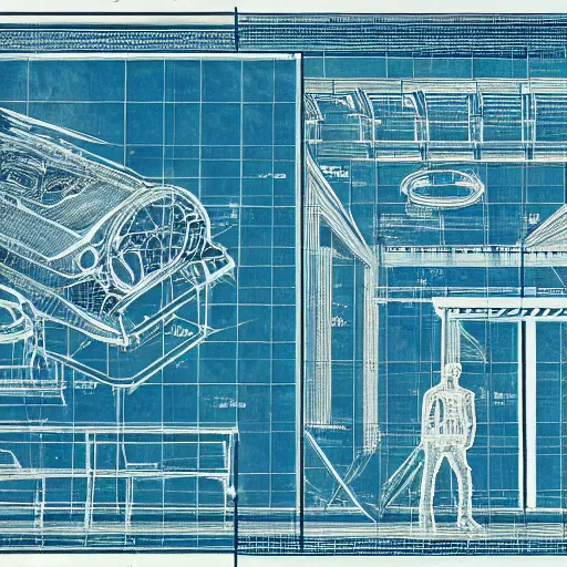 Prompt: highly detailed blueprint of teleporting device