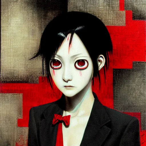 Prompt: yoshitaka amano blurred and dreamy realistic three quarter angle horror portrait of a sinister young woman with short white hair, big earrings and red eyes wearing office suit with tie, junji ito abstract patterns in the background, satoshi kon anime, noisy film grain effect, highly detailed, renaissance oil painting, weird portrait angle, blurred lost edges