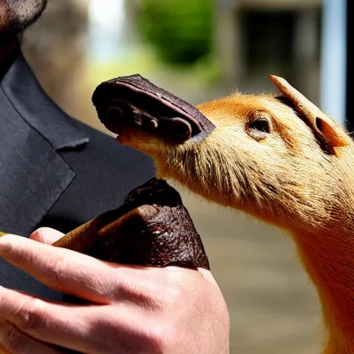 Image similar to smoking cigar, a man wearing a suit capybara head (smoking cigar)