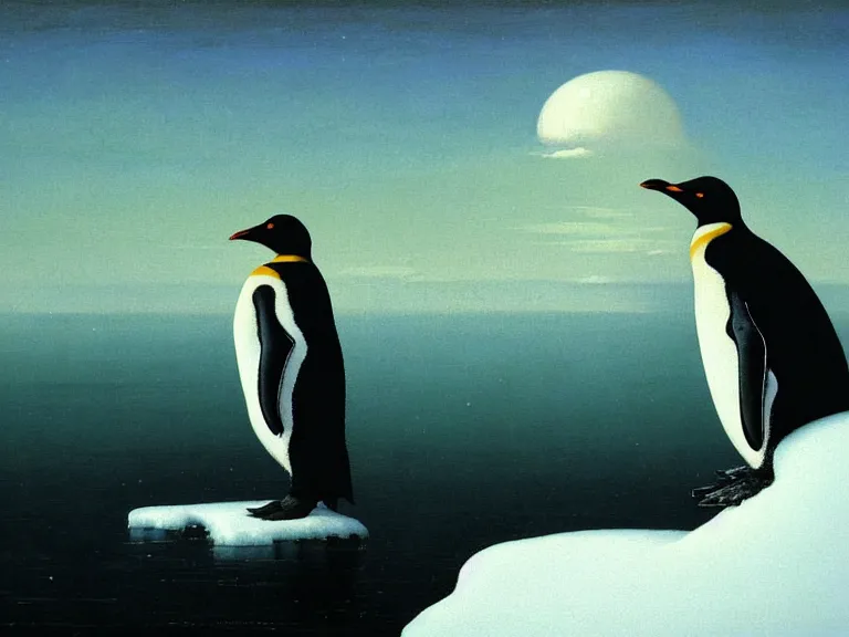 Image similar to an oil painting of a penguin playing in pure white snow on an iceberg in a serene ocean at dusk. aurora. by beksinski tuomas korpi moebius and carl spitzweg. baroque elements. intricate artwork by caravaggio. oil painting. oil on canvas. award winning. dramatic. trending on artstation. 8 k