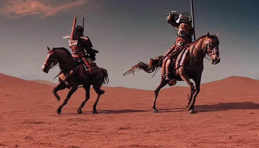 Prompt: a samurai riding a horse on mars