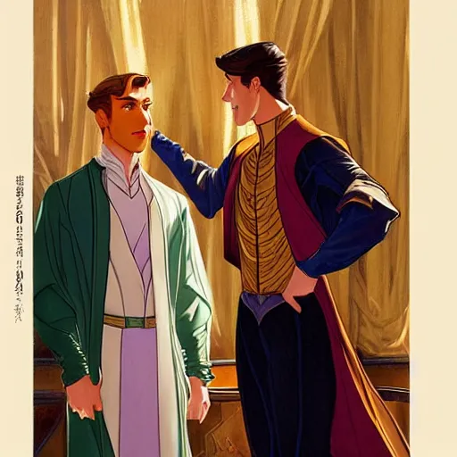 Image similar to attractive fully clothed king confesses his love for his attractive fully clothed male prince. highly detailed painting by glen keane and j. c. leyendecker 8 k