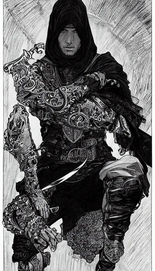 Image similar to a black and white ink fine ink drawing of a thief, from of thrones, in leather armor, fibonacci, sweat drops, intricate fashion clothing, concept art, smooth, sharp focus, portrait, illustration, art by alphonse mucha and travis charest