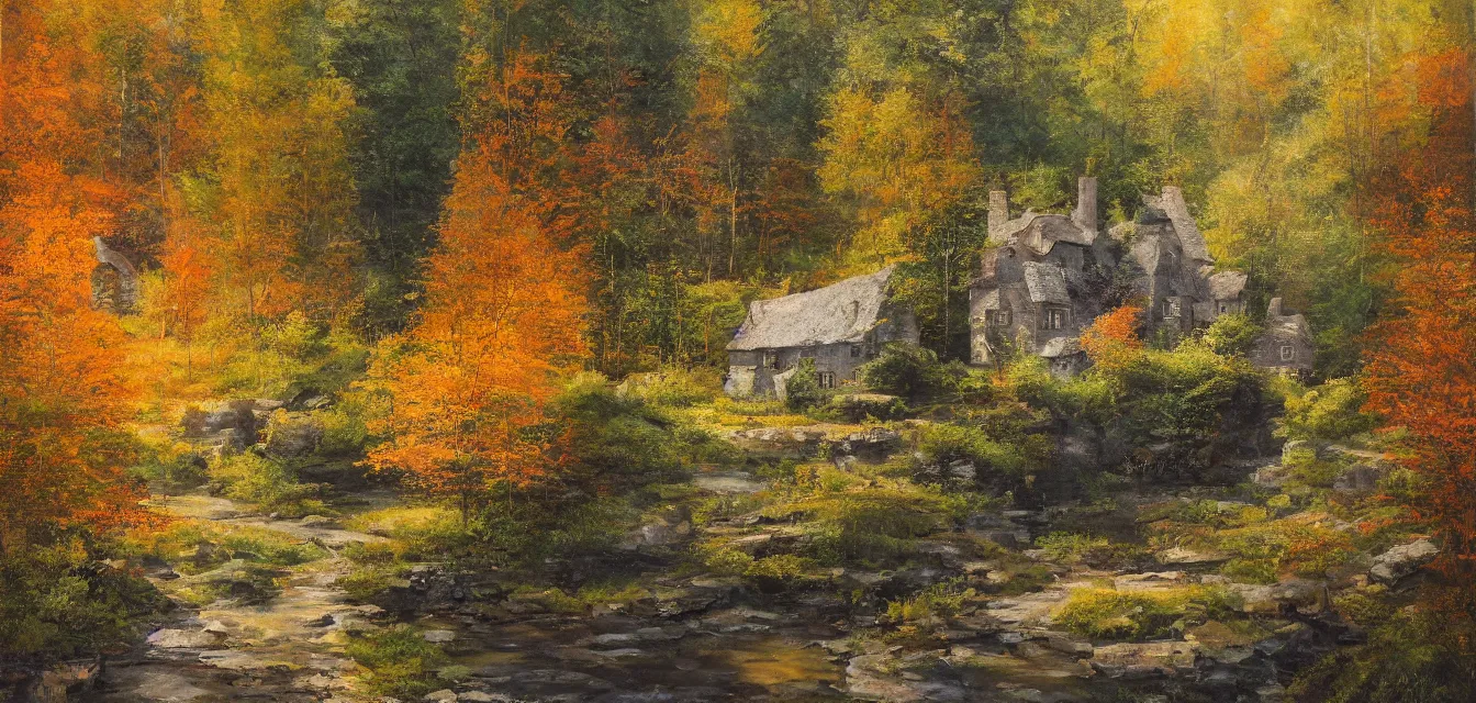 Prompt: a painting of sparse stone cottages underneath a dense tall forest, with pristine reflex from cascading ponds. gorgeous, elegant, sophisticated, an ultrafine painting, intricate brush strokes, bright depth oil colors, photography by araken alcantara. intense promiseful illumination, autumn sunrise warm light, detailed and intricate environment of hopeful bodyscapes