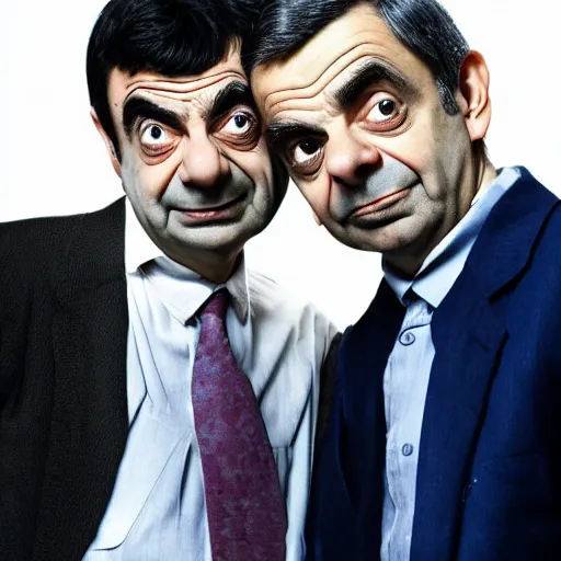 Image similar to A portrait mr bean teams up with a teenage rowan atkinson, perfect faces, 50 mm, award winning photography