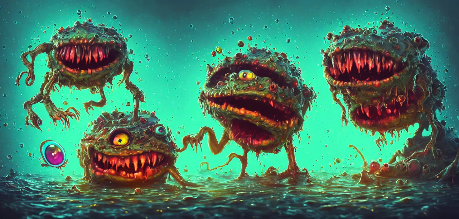 Prompt: intricate colourful murky cauldron with strange cute friendly angry crazy creatures with huge eyes long tongue triangle teeth and scary face appearing from the water, in the style of craola, macro lens, shallow depth of field, highly detailed, digital painting, trending artstation, concept art, illustration, cinematic lighting, vibrant colors, photorealism, epic, octane render
