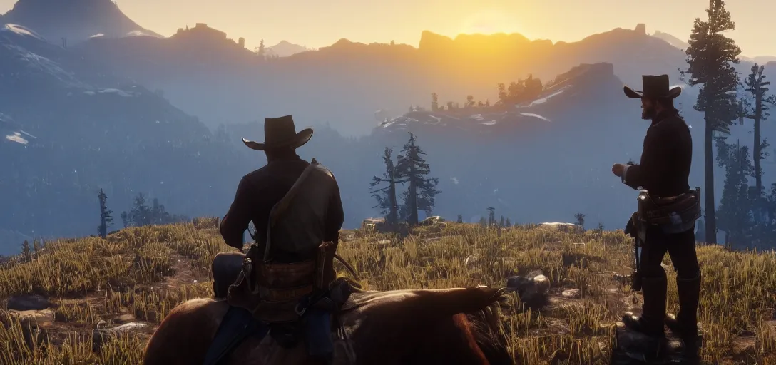 Image similar to Arthur Morgan from Red Dead Redemption 2 sitting at the top of a rocky mountain looking at a beautiful sunrise in the distance