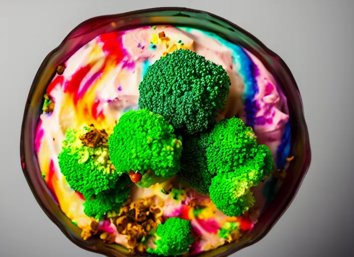 Image similar to food photo still of soft serve swirled frozen yogurt topped with broccoli and rainbow sprinkles, 8 5 mm f 1. 8 studio lighting