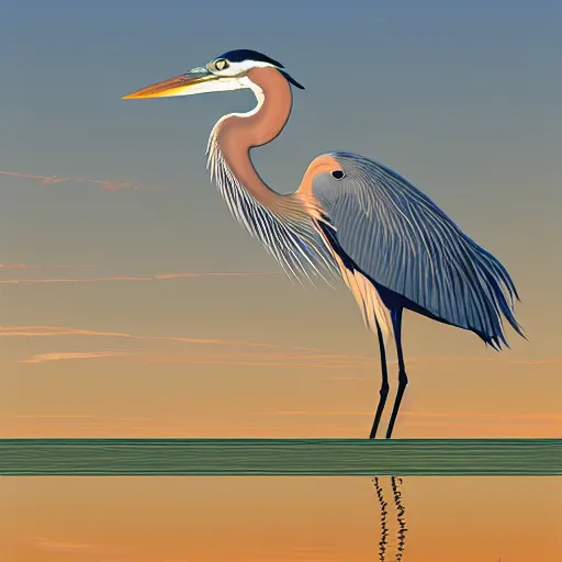 Prompt: a majestic blue heron in shallow river, waterfalls in distance, left border beautiful willow, right border cherry blosom trees, lily pads bullrushes marsh clouds, golden hour intricate by mcquarrie martin lagerstadt, digital art, highly detailed, artstation