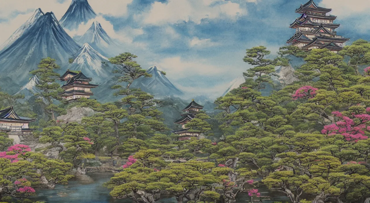 Image similar to a beautiful painting of a singular Japanese castle, with a garden as foreground, with mountains as background, trending on artstation