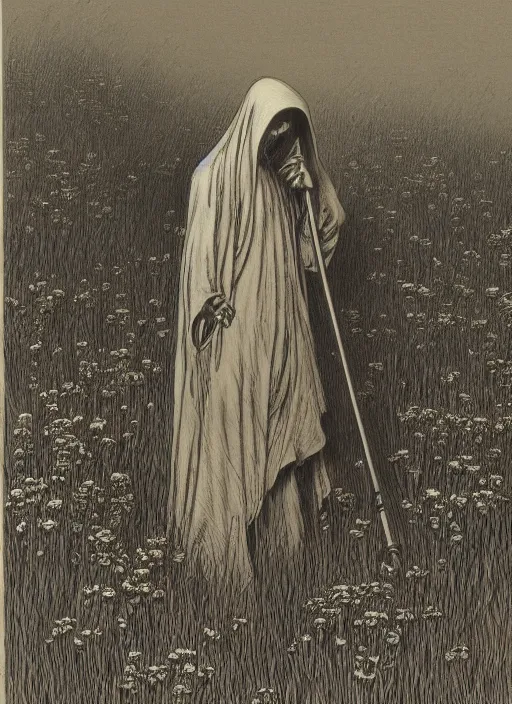 Image similar to faceless grim reaper with veil over face holding scythe at distance in beautiful meadow of flowers, detailed pencil illustration by gustave dore, highly detailed, centered, high resolution, smooth, sharp focus, illustration, 8k