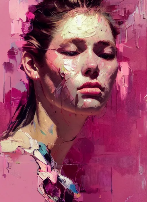 Image similar to portrait of a beautiful girl, eyes closed, open mouth, strong emotions, shades of pink, beautiful face, rule of thirds, intricate outfit, spotlight, by greg rutkowski, by jeremy mann, by francoise nielly, by van gogh, digital painting