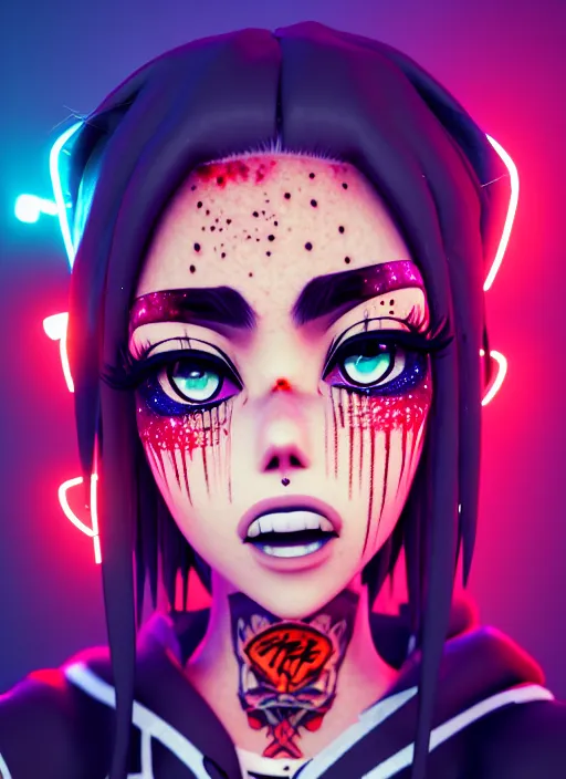 Image similar to a streetwear anime style mixed woman wearing thick mascara, crying, a city on fire in the background, police lights shine on her face, tattoos, dark glitter, Cinestill 50d, 4k, 8k, hd, full color, octane render, trending on artstation, highly detailed