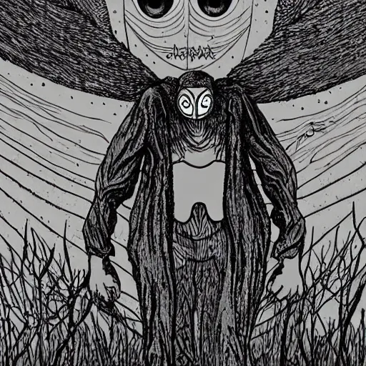 Prompt: mothman in the style of junji ito, in the woods of west virginia, cryptid, insane detail, body horror