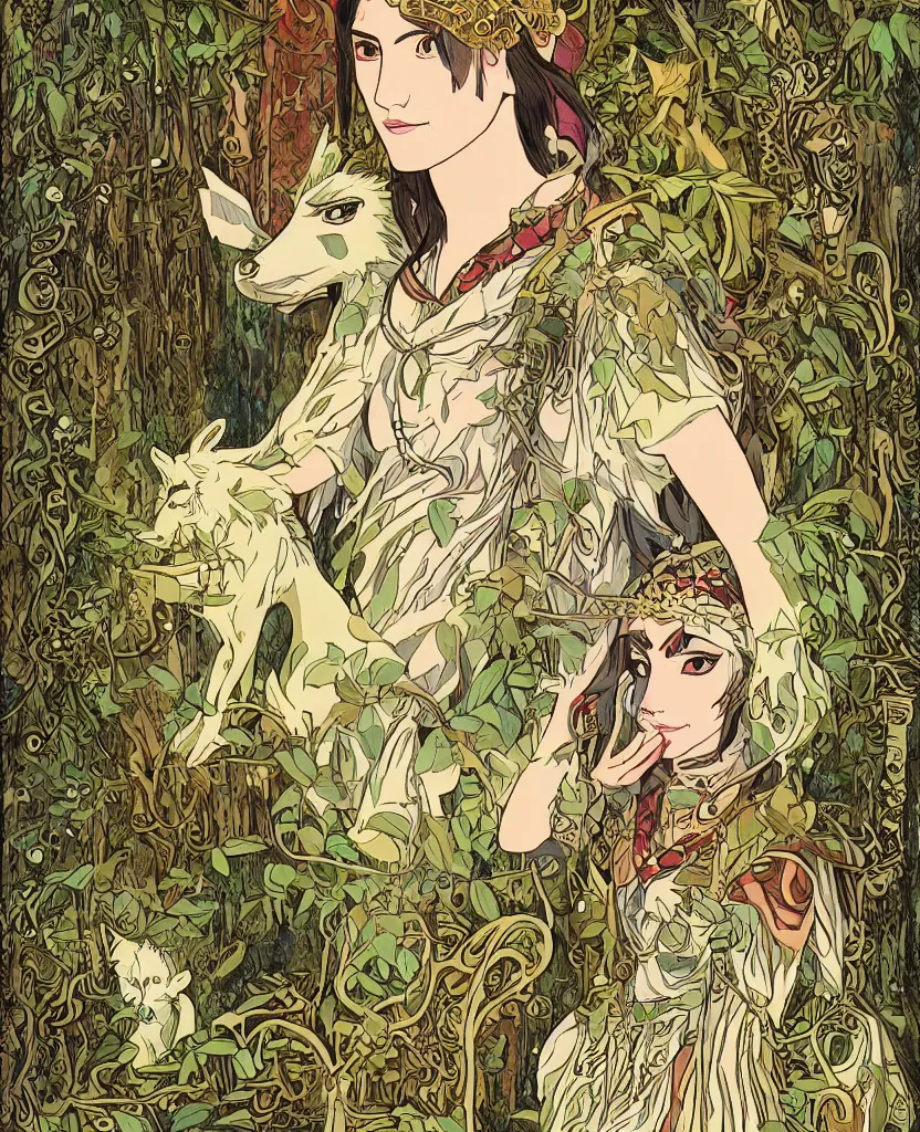Prompt: portrait of Princess Mononoke wearing her mask, lush forest landscape, style of Art Nouveau, gems and gold, waterfalls, denoised, sharp,