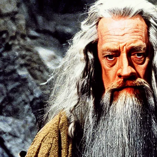 Prompt: A Still of Patrick McGoohan as Gandalf in The Lord of the Rings (2001)