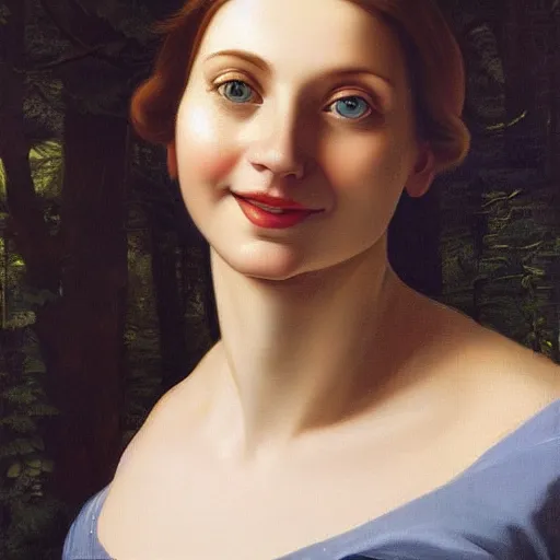 Image similar to full body portrait of a woman with blue eyes, gentle round face, with a bright smile, long dark hair, in a forest at night, highly detailed, deep focus, elegant, digital painting, smooth, sharp focus, golden ratio, illustration, ultra realistic, 8 k, art by artemisia lomi gentileschi and caravaggio