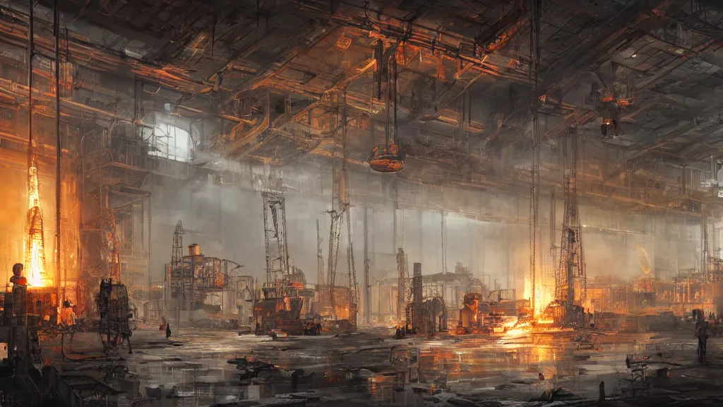 Image similar to interior of heavy steel foundry with cranes and engineers working on molten steel, papyrus, watercolored, jakub rozalski, bright colours, dieselpunk, concept art, trending on artstation