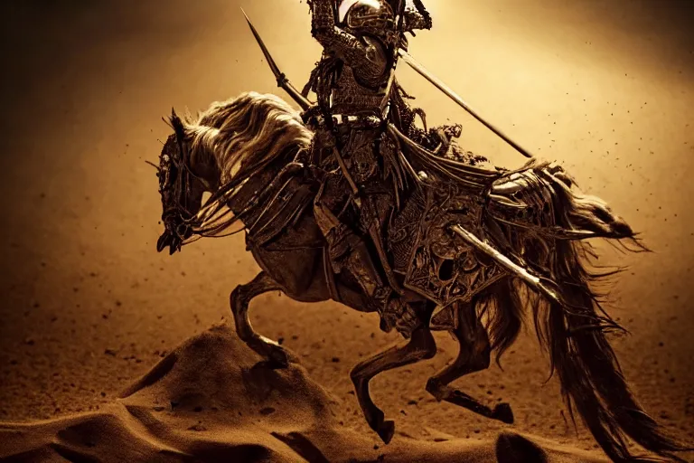 Image similar to the king in the desert dead on the ground, blood on sand, fighting in a dark scene, detailed scene, killed in war, Armour and fallen Crown, highly detailed, blood and dust in the air, action scene, cinematic lighting, dramatic lighting, trending on artstation, elegant, intricate, character design, motion and action and tragedy, fantasy, D&D, highly detailed, digital painting, concept art