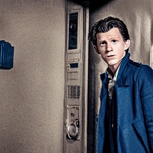 Image similar to tom holland as a rough dirty old man with a scruffy beard in a dark blue trenchcoat as the new doctor who, cinematic, volumetric lighting, f 8 aperture, cinematic eastman 5 3 8 4 film, photorealistic