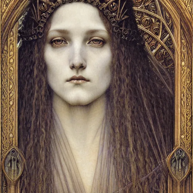 Image similar to detailed realistic beautiful young medieval queen face portrait by jean delville, gustave dore and marco mazzoni, art nouveau, symbolist, visionary, gothic, pre - raphaelite. horizontal symmetry